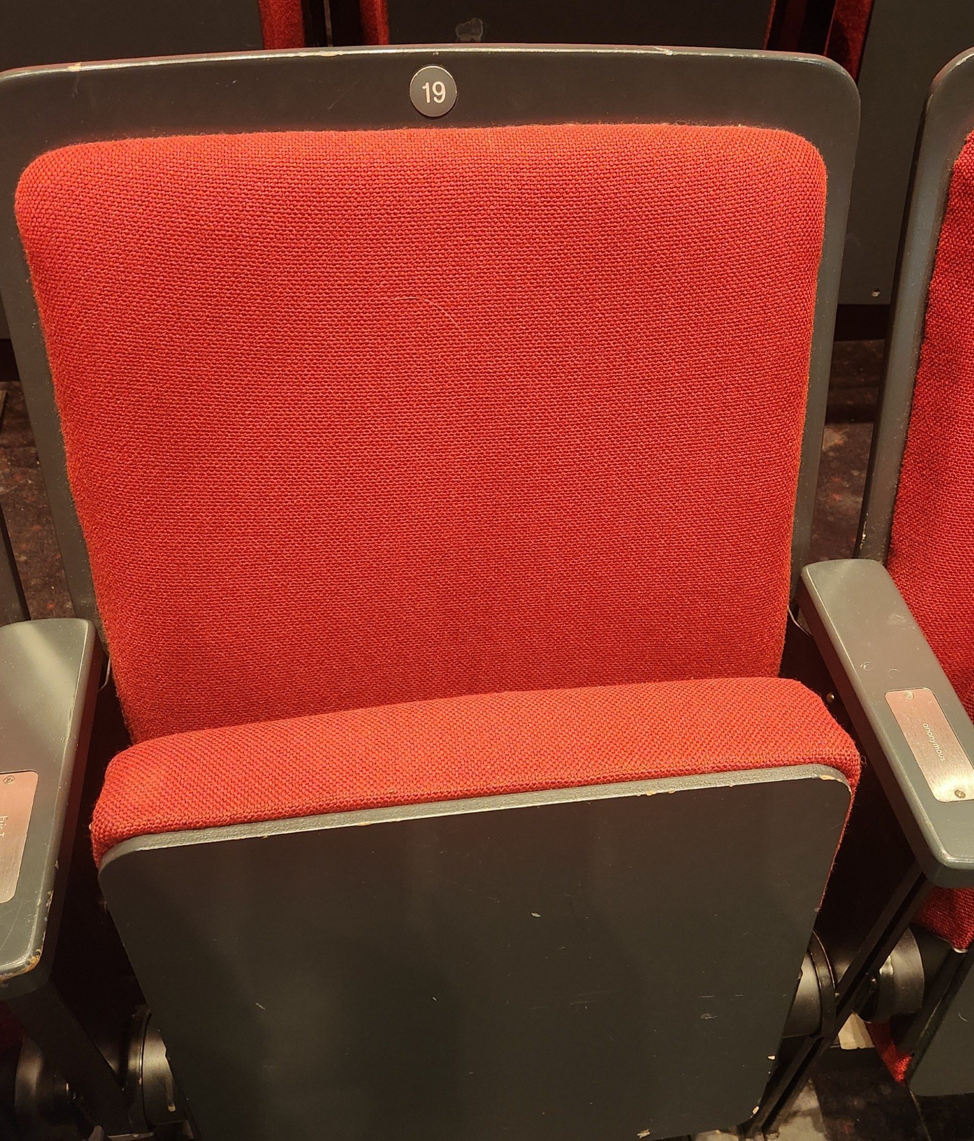 A photo of the red auditorium seat at Sadler's Wells Theatre