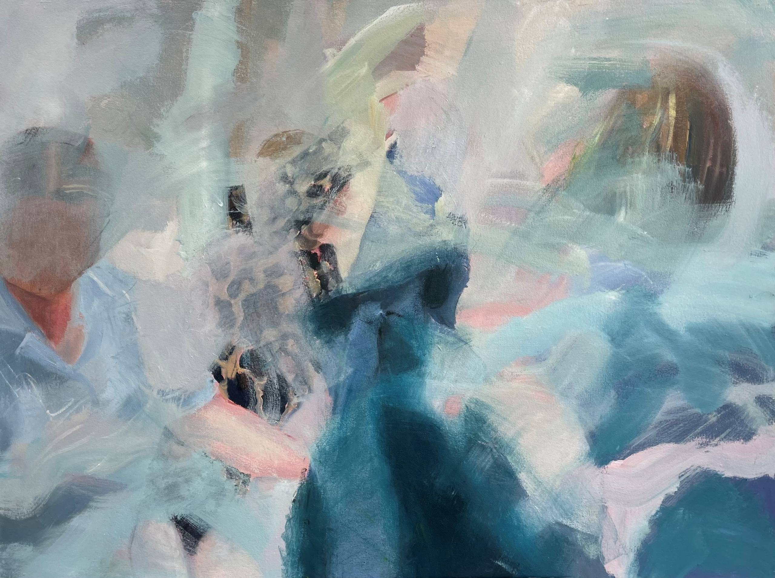 An abstract painting with blurred, layered brushstrokes in soft blues, pinks, and greys, suggesting fragmented figures and movement. Shapes and forms blend into one another, creating a misty, dreamlike composition without clear outlines.